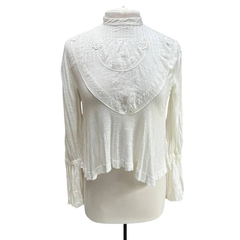 Free People Ivory Embroidered Lace Victorian Bell Sleeve Blouse Mock Neck XS